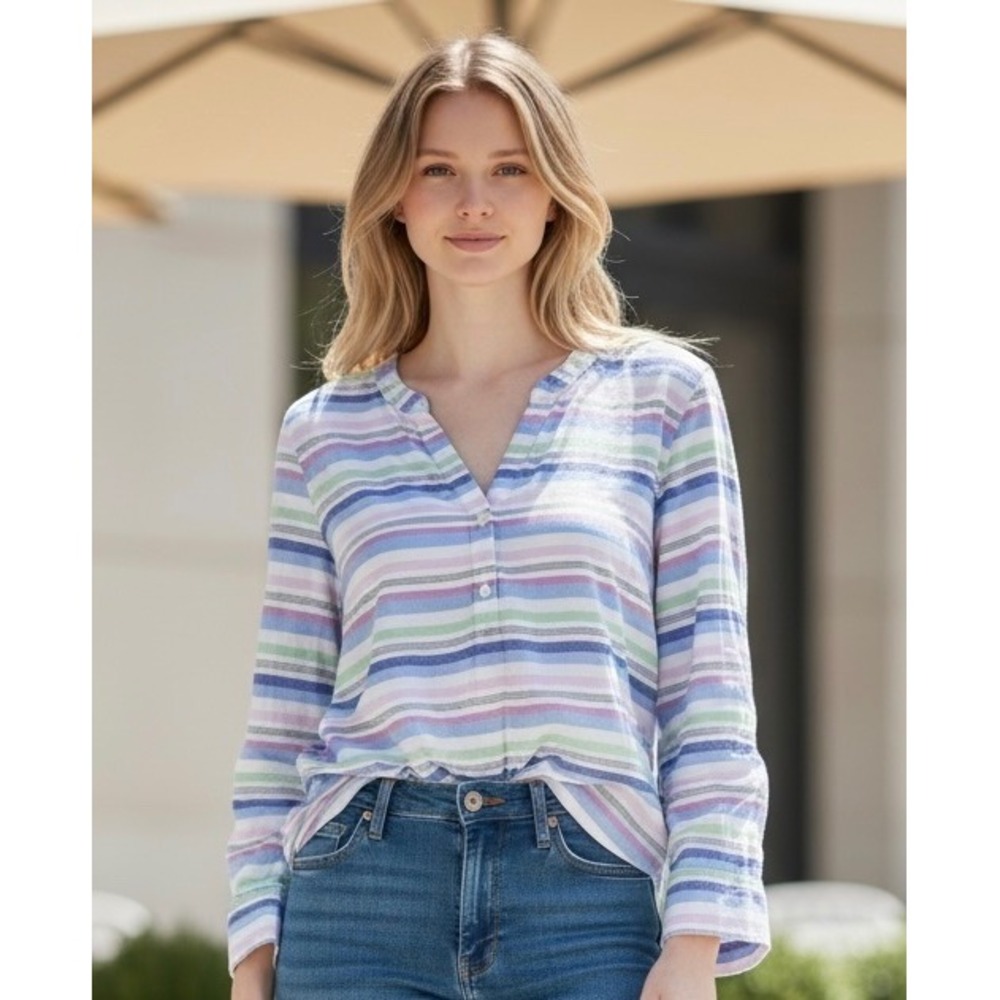 Talbots Striped Linen Blend Popover Blouse Womens Small Multi Color Cottagecoreβ